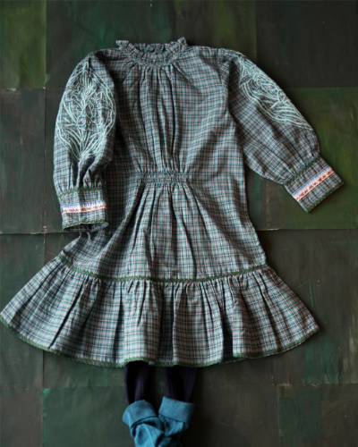 New dress with long cuff embroiedry_Small blue check_W21NDSBC