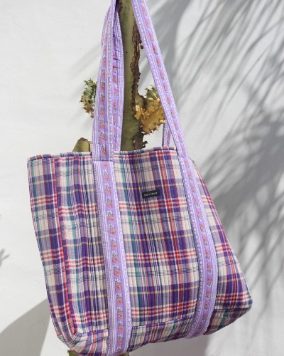 Market bag with block print - quilted_Purple check_S22MBPC